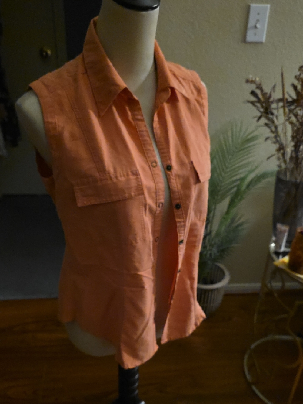 Sleeveless Button-Front Utility Shirt - Coral